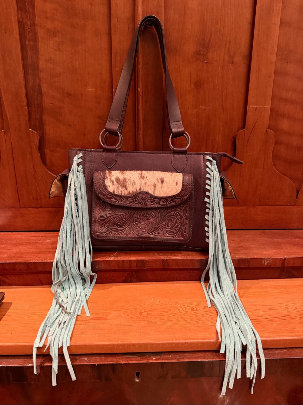 Ariat Tooled Leather & Cowhide Fringe Tote with Concealed Holster